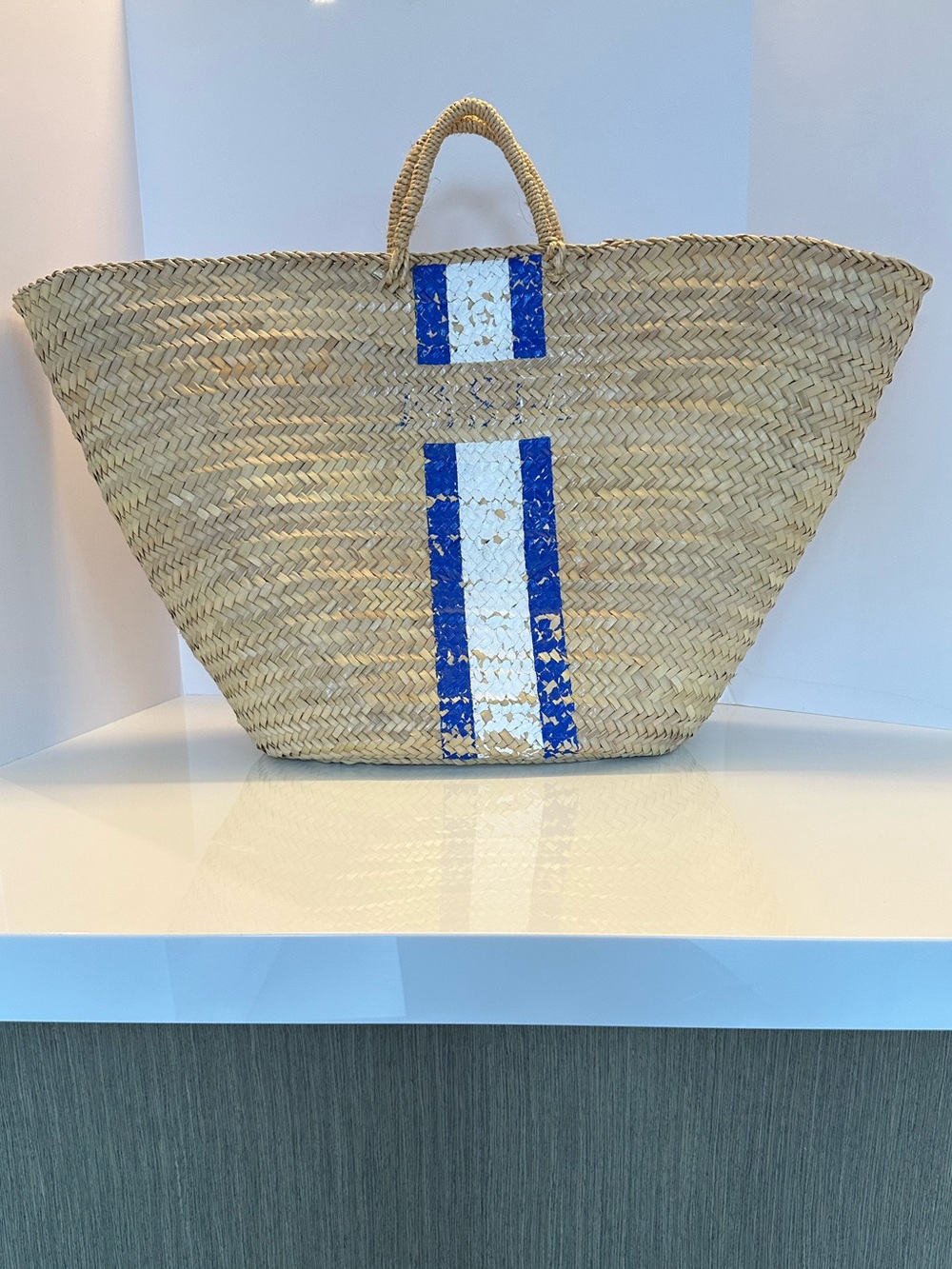 LINDROTH DESIGN Monogrammed Straw Beach Tote "M.S.M" Blue/White